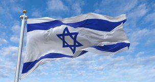 Israel flag with flagpole waving in wind, rolling clouds background looping, 4K video (Perfect Loop)