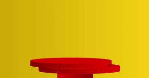Red, yellow and gold stage showcase animation. Mockup cartoon cylinder pedestal podium for presentation. Abstract vector product display video. Realistic minimal geometric forms, empty scene.