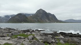 Aerial video of the picturesque coast, islands and mountains in the Lofoten Islands