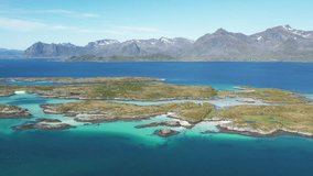 Aerial video of the picturesque coast, islands and mountains in the Lofoten Islands