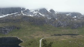 Aerial view of the Black Lagoon with mountain scenery in the Lofoten Islands