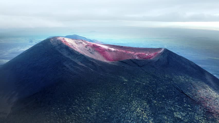 Volcano craters near Tolbachik volcano in Kamchatka, Russia. Aerial view. The northern eruption craters of Tolbachik volcano. Summer landscape
