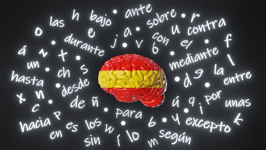 Spanish Learning Letters articles word preposition vocabulary grammar 3d animation. Foreign language Human brain Spain flag color Studying Online course education Listening Reading Fluency improvement Royalty-Free Stock Footage #1106543225