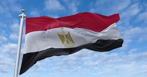 Egypt flag with flagpole waving in wind, rolling clouds background looping, 4K video (Perfect Loop)