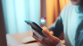 B roll - Woman hands using smartphone with 1 new email alert sign icon pop up, Female using phone for check email for work or sending text SMS short message at home, Online communication concept - Powered by Shutterstock - Get 15% off with code: PIKWIZARD15