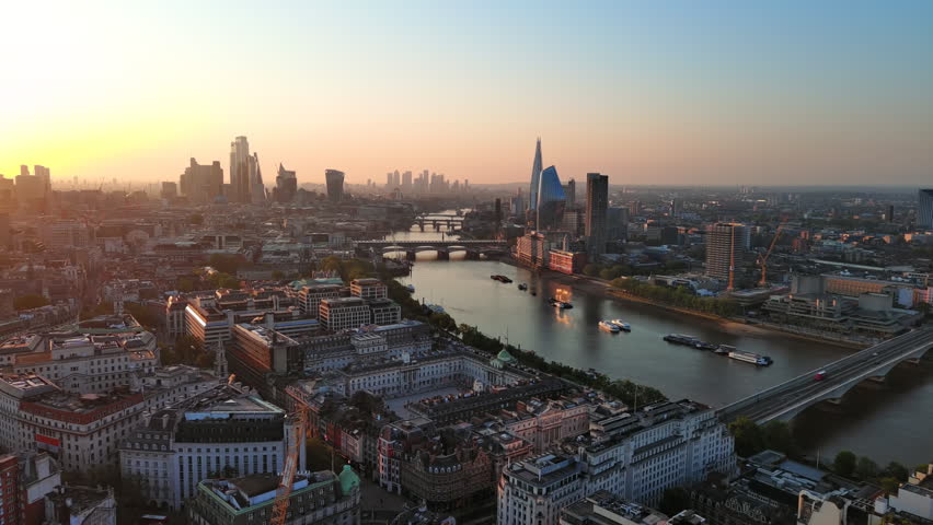 Aerial View of London, UK: Skyline of Capital City of Great Britain and Northern Ireland, City of London at Sunrise Royalty-Free Stock Footage #1106545241