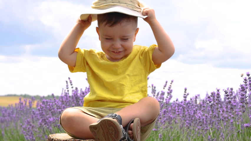 baby boy child is sitting on tree snag smiling putting hat cap on head in lavender purple flowers field summer time. yellow t shirt 4k smiling boy