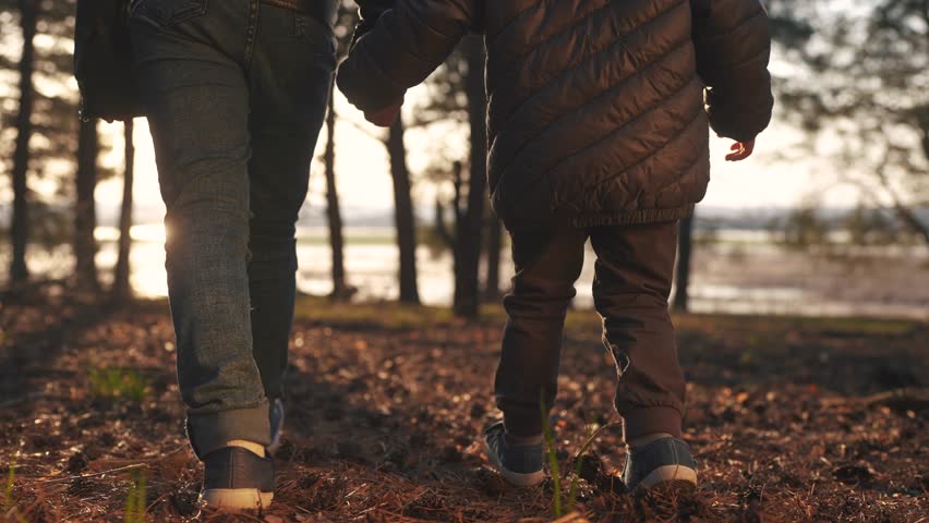 children walking in the park. happy family kid concept. children tourists hold hands walk through the forest with pines in park. silhouette feet children walk on the ground in forest dream park Royalty-Free Stock Footage #1106546691