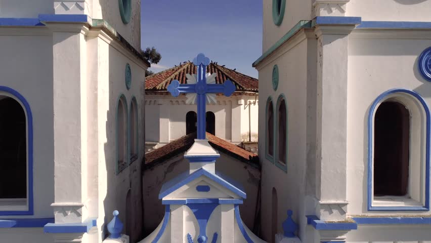 4k drone shot with panning motion from a close-up of the Tucuso church in the city of Machachi, Pichincha, Ecuador.