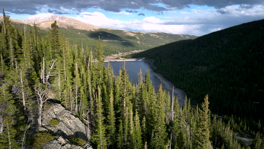 Aerial view of the Montgomery Reservoir in Colorado surrounded by a dense forest.