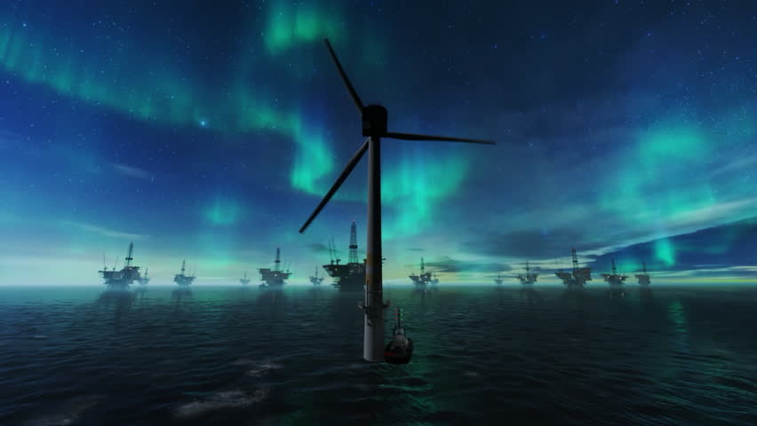 Flight towards maintenance workers on offshore wind turbine with oil rigs against starry sky and aurora borealis
