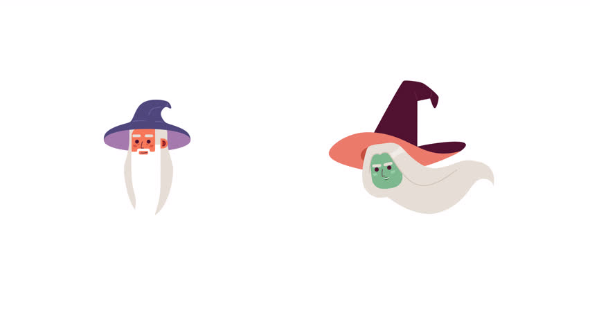 Witch and wizard 2D avatar icons animation pack. Halloween flat cartoon 4K video collection, transparent alpha channel. Sorcerer, sorceress animated characters facial expressions on white background