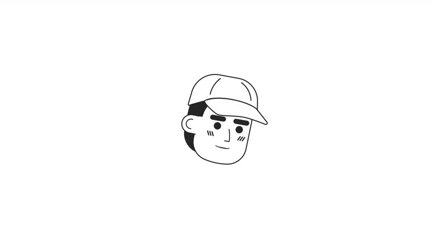 Baseball cap man smiling bw 2D avatar icon animation. Sporty male. Happy athlete outline cartoon 4K video, alpha channel. Guy rising up head animated person facial expression isolated on white