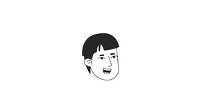 Excited student boy with pot haircut bw outline 2D avatar icon animation. Monochrome linear cartoon 4K video, alpha channel. Bowl cut young adult man animated person head isolated on white background