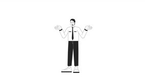 Office man shrugging bw animation. Animated character colleague. Showing puzzled reaction. Monochrome 2D flat outline cartoon 4K video, white background, alpha channel transparency for web design