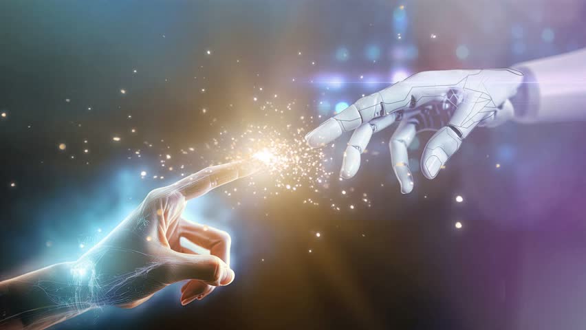 merging of technology and humanity: cyborg finger touching human finger. Symbolizes AI machine learning and big data connection network in intersection of science, innovation, futuristic possibilities Royalty-Free Stock Footage #1106553799