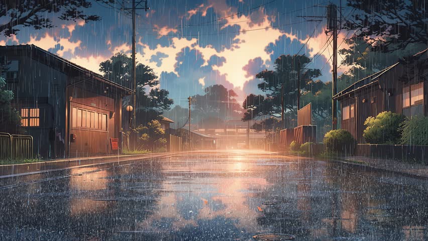 A painting of a city street in the rain, gloomy, stormy weather, anime background animation Royalty-Free Stock Footage #1106556233