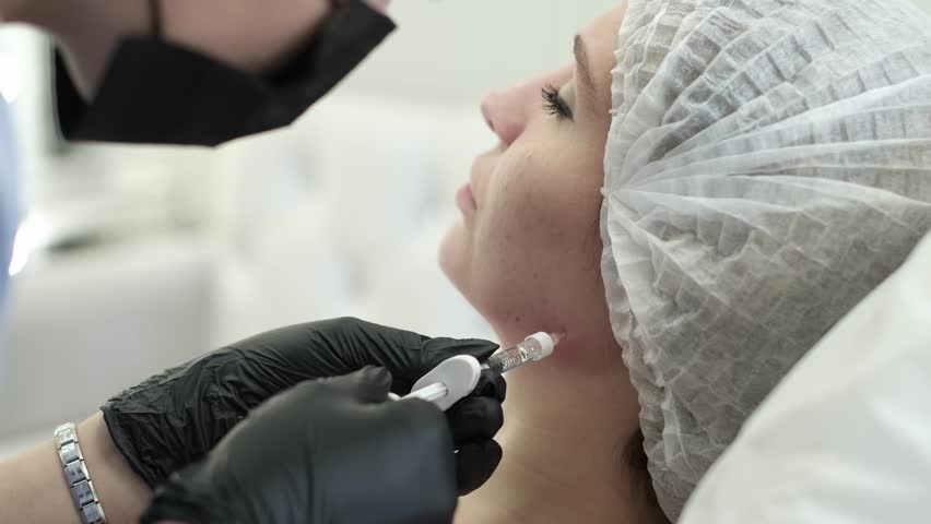 With syringe in hand, beauty doctor is shown performing injection into the patient's jowls, part of effective treatment sculpt facial contour. patient lying during non-surgical face lift procedure Royalty-Free Stock Footage #1106558023