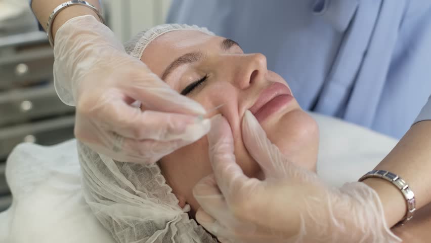 chin injection using hyaluronic acid, providing a glimpse into the precision required in such procedures. Cosmetology Education: Teaching students about practical applications of facial injections. Royalty-Free Stock Footage #1106558025