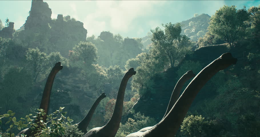 Brachiosaurus herd, sauropod walking in search of food. Jurassic period, Mesozoic era. 3D rendering. . 3D Illustration