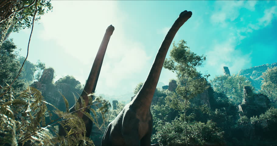 Brachiosaurus herd, sauropod walking in search of food. Jurassic period, Mesozoic era. 3D rendering. . 3D Illustration Royalty-Free Stock Footage #1106562167