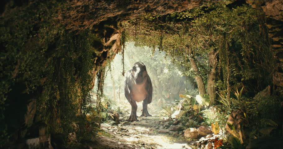 Tyrannosaurus walks through the Jurassic jungle. The Age of Dinosaurs. T-rex on the hunt. Anamorphic video. 3d rendering. High quality 4k footage. 3D Illustration Royalty-Free Stock Footage #1106562203