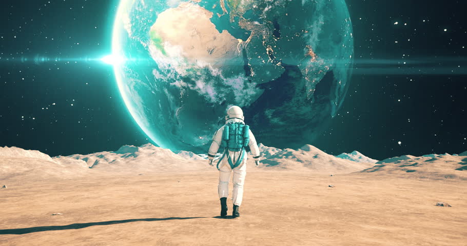 Brave Astronaut Walking On An Alien Planet. Planet Earth In Sky. Space Related Majestic Scene. Royalty-Free Stock Footage #1106565965