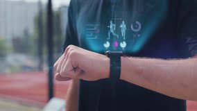 Close up of active sport man in the sport ground check health indicator and heart rate on smartwatch. Future technology concept of humanity. 3D render animation. - Powered by Shutterstock - Get 15% off with code: PIKWIZARD15