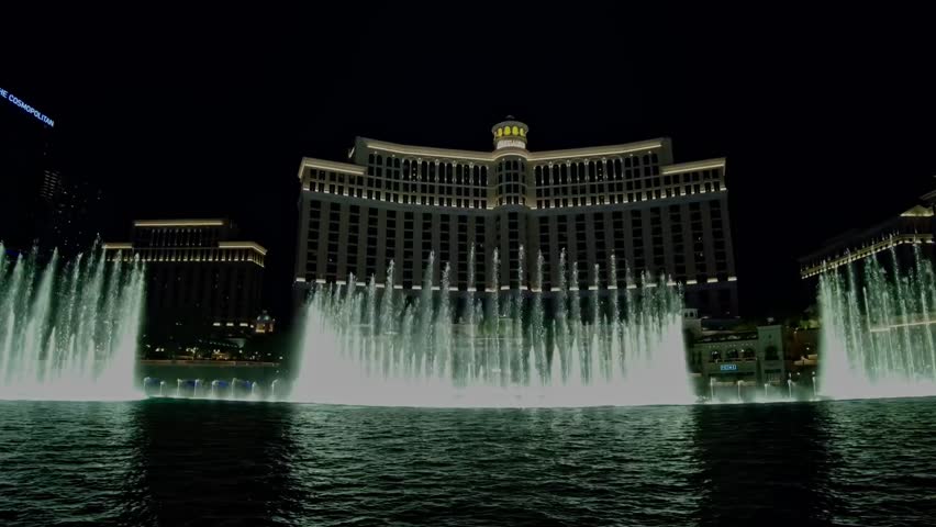 View of sights of Las Vegas at night overlooking fountains of hotel. Las Vegas. Time lapse. USA. | Shutterstock HD Video #1106569983