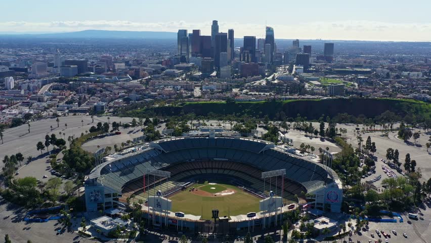Aerial view of the Los Angeles area cityscape with Dodger Stadium at California