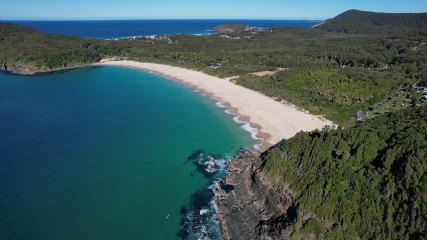 Number One Beach - Seal Rocks - Mid North Coast - New South Wales NSW  Australia  Aerial Shot Over Mountain