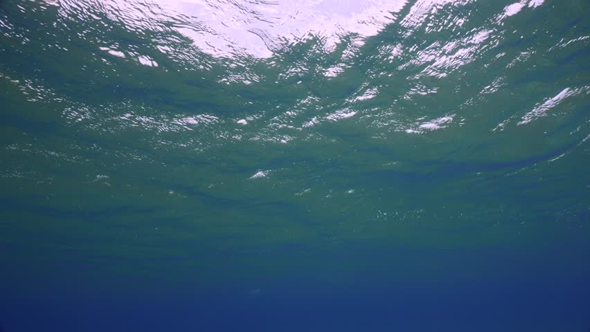 Underwater view of waves blue water surface, Slow motion. Small waves on surface of Ocean. Natural blue water background. Beautiful clear blue water with wave, underwater shot