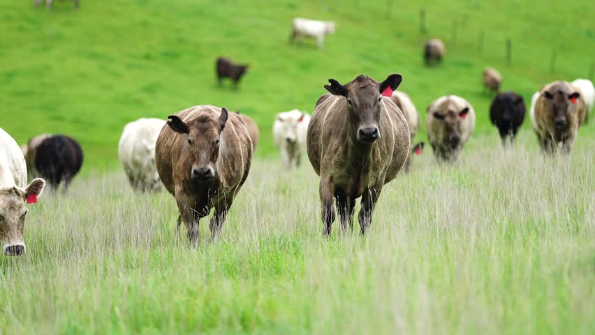 Cows grazing in a field on grass. Beef production on a regenerative farm Royalty-Free Stock Footage #1106587261