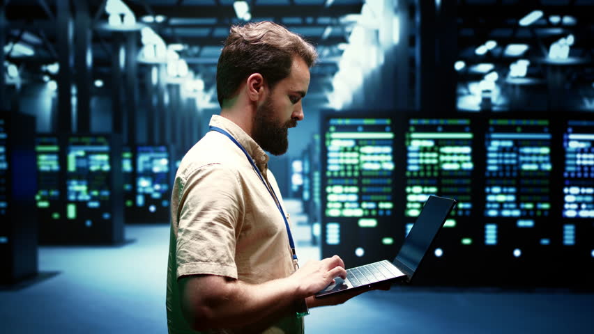 Administrator checking event logs and diagnostic tools to identify malfunctioning data center equipment root cause. Engineer using laptop to inspect server rig operating system configuration settings Royalty-Free Stock Footage #1106589207