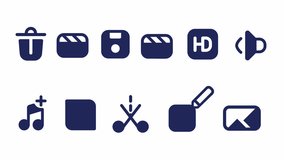 Animated film editing solid ui icons. Professional software. Movie production. Looped HD video with alpha channel transparency. Isolated interactive glyph symbols animation set on white space