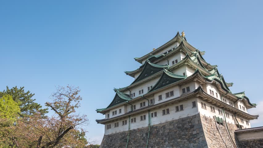 Nagoya Aichi Japan time lapse 4K, city skyline timelapse at Nagoya Castle in autumn season
