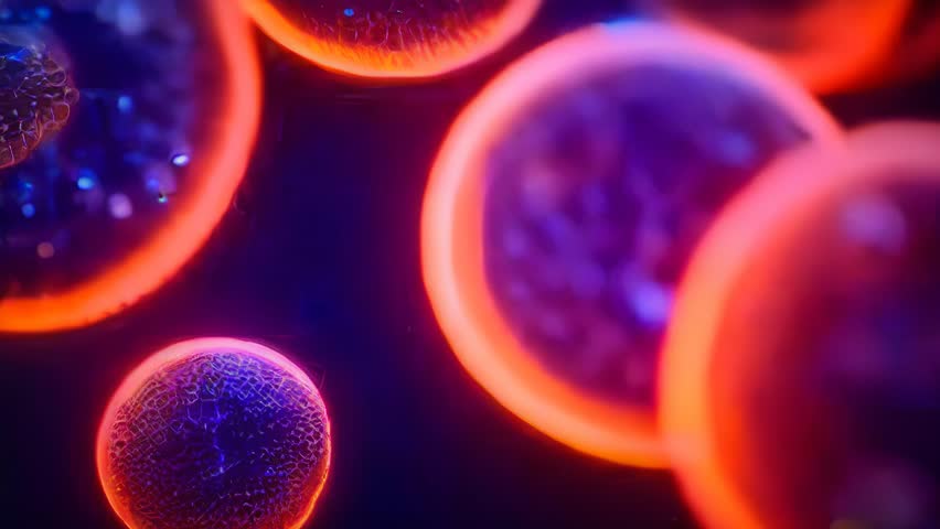 Abstract medicine background. Body cells under the microscope. Animated stem cell. 3D rendering. 4k animation.