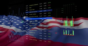 Animation of financial data processing over flag of united states of america and russia. Global business, finance and data processing concept digitally generated video.