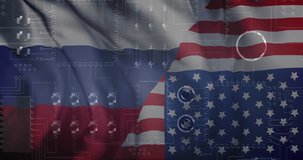 Animation of circuit board and data processing over flag of russia and united states of america. Global computing, digital interface and data processing concept digitally generated video.