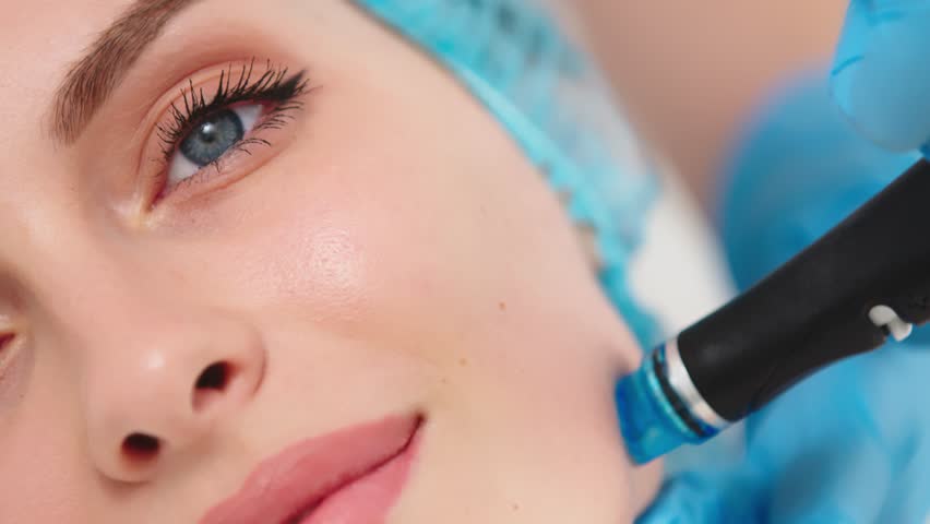 Perfect cleansing. Face of a beautiful pleasant woman being cleansed during hydrafacial procedure. Cosmetologist doing hydrafacial treatment on woman face in beauty clinic Royalty-Free Stock Footage #1106595093