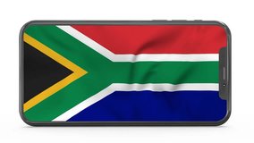Waving flag of South Africa on a mobile phone screen. 3d animation in 4k resolution video.