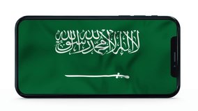 Waving flag of Saudi Arabia on a mobile phone screen. 3d animation in 4k resolution video.