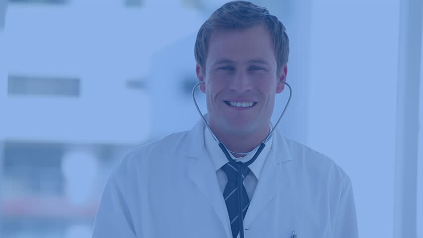 Animation of data processing over caucasian male doctor. Global medicine, healthcare, computing and data processing concept digitally generated video.