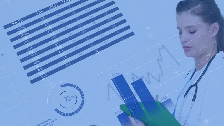Animation of data processing over caucasian female doctor. Global medicine, healthcare, computing and data processing concept digitally generated video.