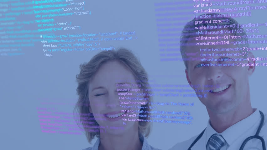 Animation of data processing over diverse doctors. Global medicine, healthcare services, computing and data processing concept digitally generated video.