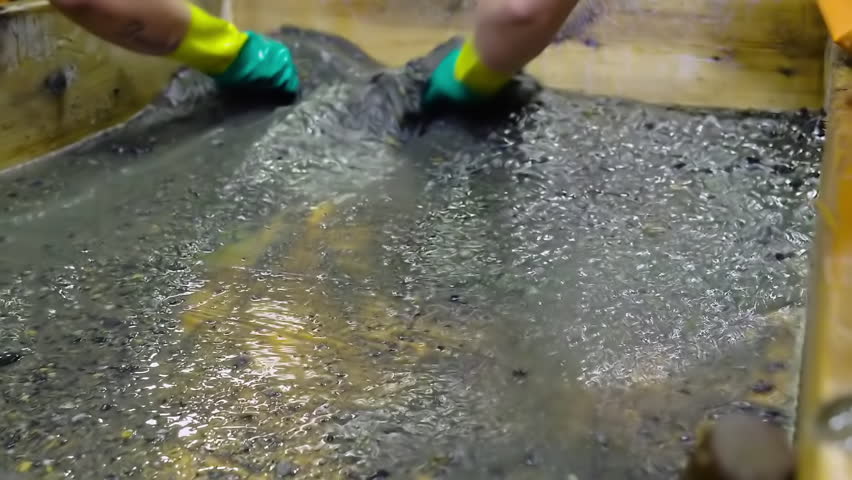 Worker Washing Mined Rock Material In Wooden Tray To Extract Gold Dust. Worker Washing Mined Minerals At Gold Processing Factory. Worker Manually Washing Stones In Water For Gold Extraction. Industry