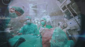Animation of connections and data processing over diverse surgeons at operating theatre. Global medicine, computing and data processing concept digitally generated video.