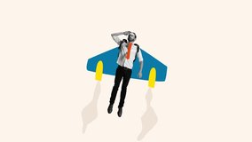 Contemporary art collage of man flying up on a plane symbolizing professional and personal growth. Concept of motivation, achievement, goals, career, employment. Stop motion, 2D animation - Powered by Shutterstock - Get 15% off with code: PIKWIZARD15
