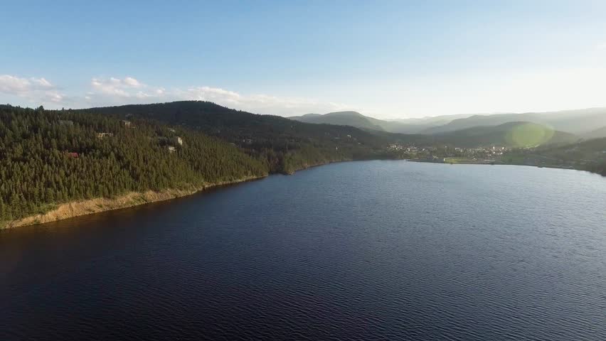Aerial of lake in Colorado, Blue Crystal Clear Lake in Northern Colorado, Beautiful Colorado Landscape During Sunset