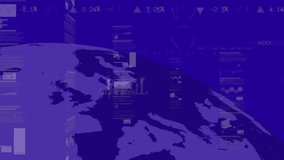 Animation of financial data processing over flag of european union. European business, finances, computing and data processing concept digitally generated video.